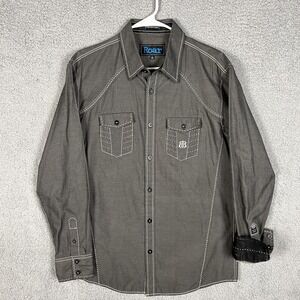 Roar Foundation Mens L Button Up Shirt Grey Polka Dot Flip Cuff Embroidered Logo